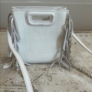 Maje Ivory Croc-Embossed Crossbody Bag with Fringe